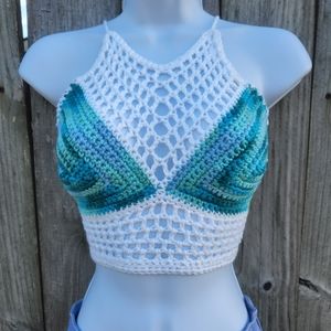 Tropical Blue Crochet Halter Top, Boho, Festival. 💕Size S/M